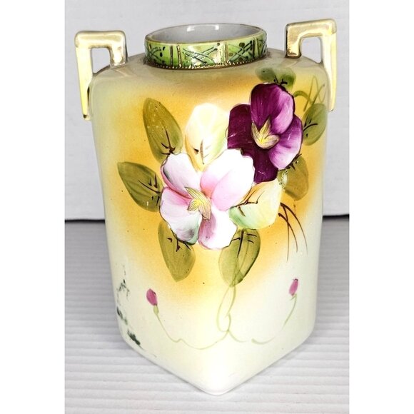 Vtg Nippon Hand-Painted Floral Vase with Handles Square Shape Unique Design - Picture 1 of 11